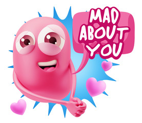 3d Rendering. Emoji in love with hearts shapes saying Mad About