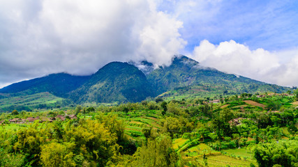 Fototapeta na wymiar Mount Merapi active volcano surrounded by farmland.