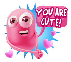 3d Rendering. Emoji in love with hearts shapes saying You Are Cu