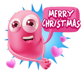 3d Rendering. Emoji in love with hearts shapes saying Merry Chri