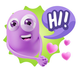 3d Rendering. Emoji in love with hearts shapes saying Hi with Co