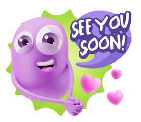 3d Rendering. Emoji in love with hearts shapes saying See You So