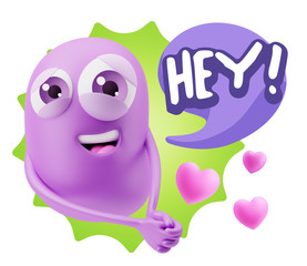 3d Rendering. Emoji in love with hearts shapes saying Hey with C