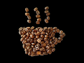 roasted coffee beans, coffee cup shape isolated on black backgro