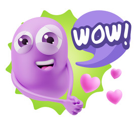 3d Rendering. Emoji in love with hearts shapes saying Wow with C