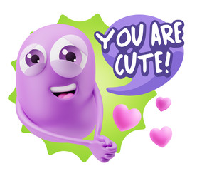 3d Rendering. Emoji in love with hearts shapes saying You Are Cu