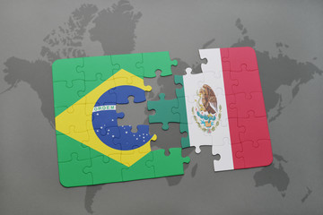 puzzle with the national flag of brazil and mexico on a world map background.