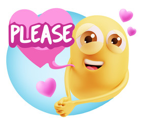 3d Rendering. Emoji in love with hearts shapes saying Please wit