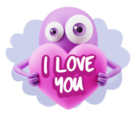 3d Rendering. Love Emoticon Face Holding Heart saying I Love You