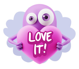 3d Rendering. Love Emoticon Face Holding Heart saying Love It wi