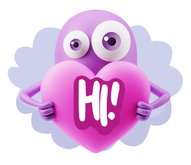3d Rendering. Love Emoticon Face Holding Heart saying Hi with Co