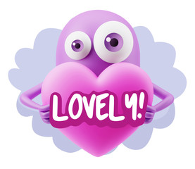 3d Rendering. Love Emoticon Face Holding Heart saying Lovely wit