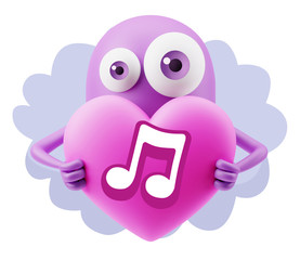 3d Rendering. Love Emoticon Face Holding Heart saying Music Symb