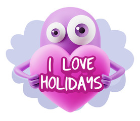 3d Rendering. Love Emoticon Face Holding Heart saying I Love Hol