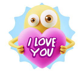 3d Rendering. Love Emoticon Face Holding Heart saying I Love You