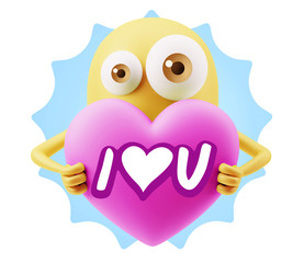 3d Rendering. Love Emoticon Face Holding Heart saying I Love U w