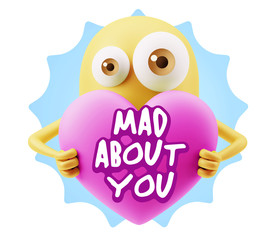 3d Rendering. Love Emoticon Face Holding Heart saying Mad About