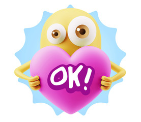 3d Rendering. Love Emoticon Face Holding Heart saying Ok with Co