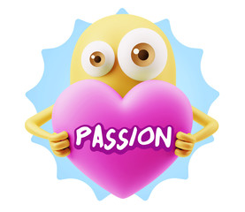 3d Rendering. Love Emoticon Face Holding Heart saying Passion wi