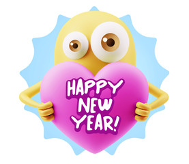 3d Rendering. Love Emoticon Face Holding Heart saying Happy New