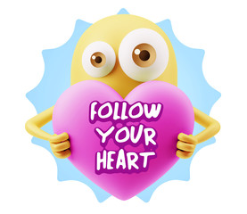 3d Rendering. Love Emoticon Face Holding Heart saying Follow You