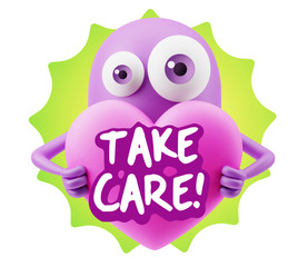 3d Rendering. Love Emoticon Face Holding Heart saying Take Care