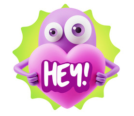 3d Rendering. Love Emoticon Face Holding Heart saying Hey with C