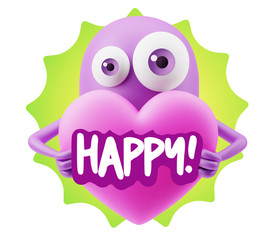 3d Rendering. Love Emoticon Face Holding Heart saying Happy with