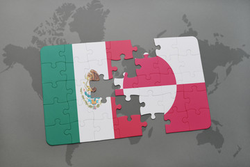 puzzle with the national flag of mexico and greenland on a world map background.