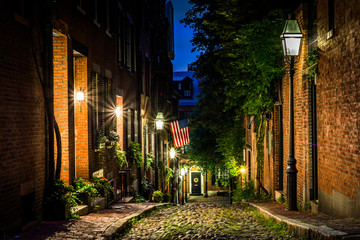 Acorn Street at night, in Beacon Hill, Boston Massachusetts.