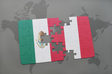 puzzle with the national flag of mexico and peru on a world map background.