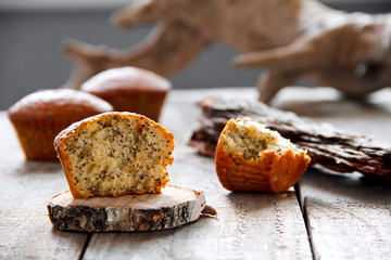 Homemade healthy muffin with poppy seed on a wooden background. Selective focus