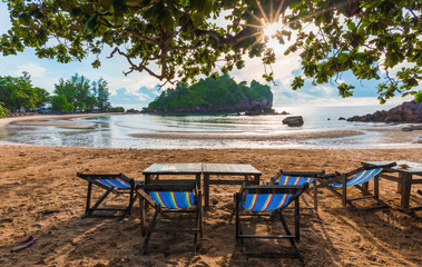 Summer beach in tropical zone. View from relax chair on beach with sunshine in Ao Bo Thong Lang bay, Thailand