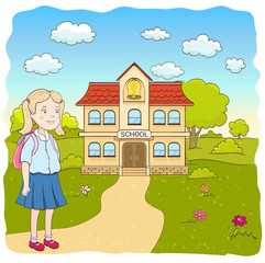 Obraz na płótnie Canvas cartoon little girl in blue skirt, with backpack