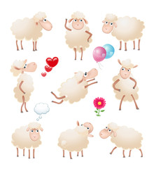 set of cute cartoon sheep character in different poses isolated