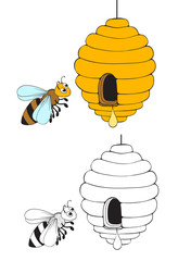 bee flying and beehive with honey drop. coloring version