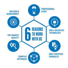 6 reasons to work with us. Infographics. Blue.