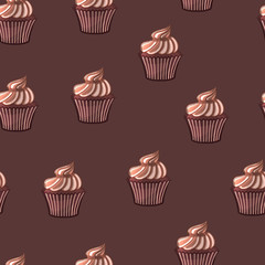 Chocolate cupcake on a brown background. Seamless cartoon pattern. Vector illustration.
