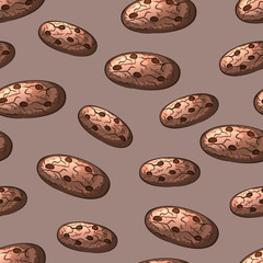 Chocolate chip cookies with nuts on a brown background. Seamless cartoon pattern. Vector illustration.