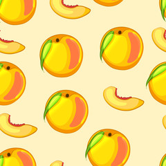 Cartoon peach and cut pieces. Bright seamless pattern. Vector illustration.
