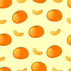 Cartoon tangerine and Mandarin slices on a yellow background. Seamless pattern. Vector illustration.