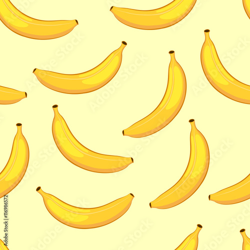 "Cartoon bananas on a yellow background. Seamless pattern. Vector illustration." Stock image and