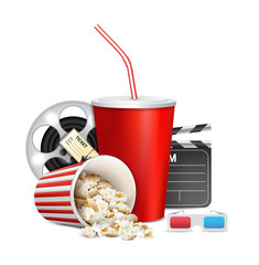 Popcorn box; disposable cup for beverages with straw, film strip