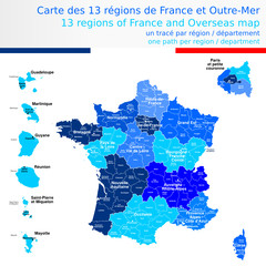 Carte des 13 régions de France et outre-mer bleue avec  le nom des régions, des départements et chef lieux de région
Un tracé autonome par région / département