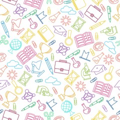 Colorful lines seamless pattern with school supplies. Textures, backgrounds, templates for promotional materials and fabrics. Cartoon flat vector illustration. Objects isolated on a white background.
