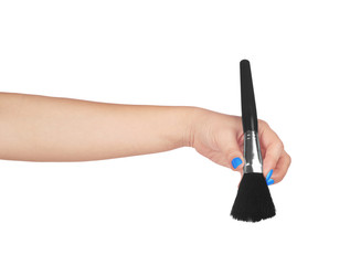 Professional make-up brush cosmetic in female hand, beautician isolated on, white background