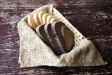 Bread slices on bascket on old table 