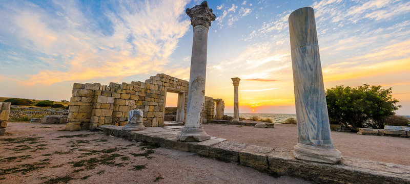 Historical ruins of Chersonese sunset beautiful sky.