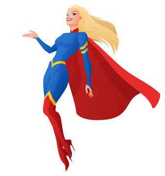 Superhero woman presenting. Cartoon vector illustration isolated on white background.