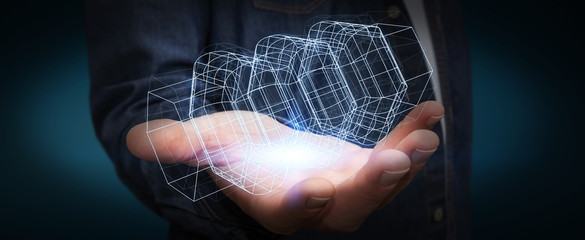 Businessman holding digital 3D engine